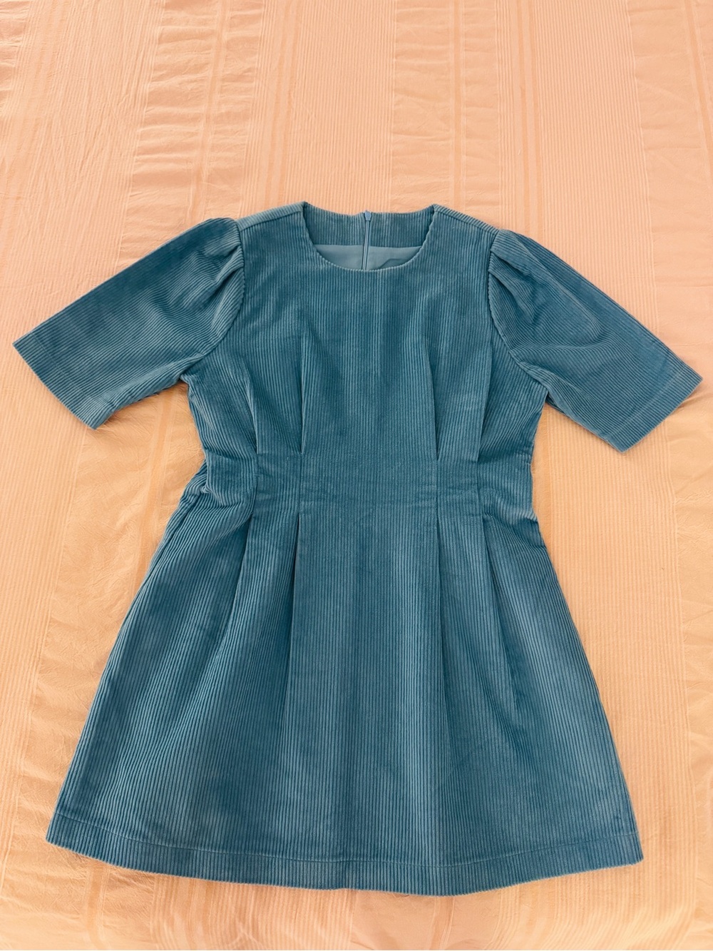 Blue Corduroy Puff Sleeve Dress – Feminine Cottagecore A-Line Mini Dress